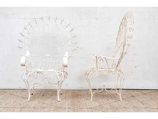 Pair Of Vintage White Painted Metal Peacock Chairs 