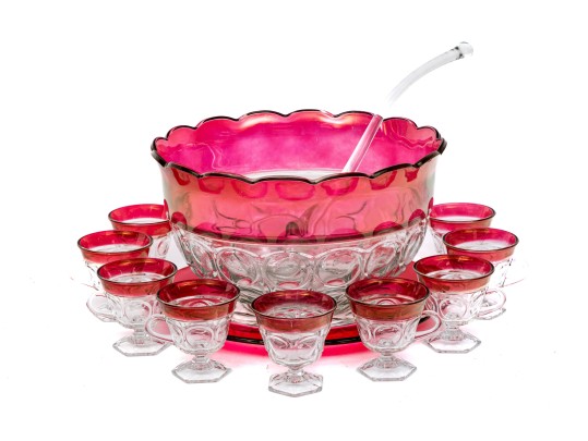 Vintage Indiana Glass Kings Crown Ruby Punch Bowl Set