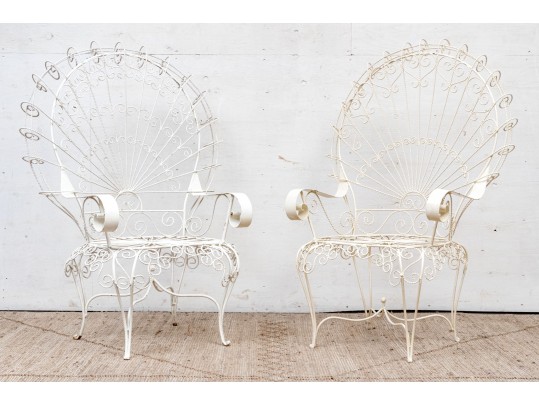 Pair Of Vintage White Painted Metal Peacock Chairs 