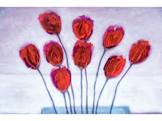 J. Pine, Signed Embellished Giclee On Board, Vase Of Red Tulips