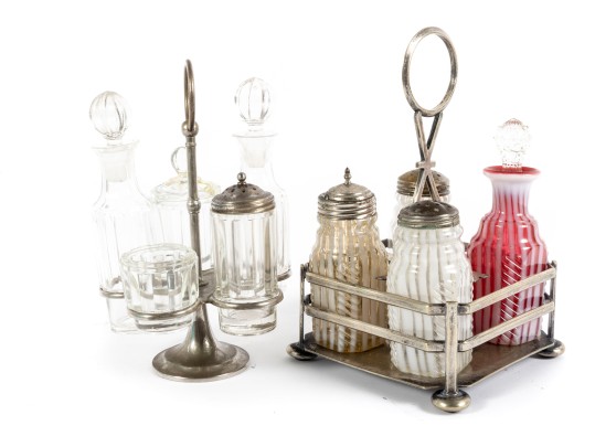 Clear, White, And Red Depression Glass Cruet Sets