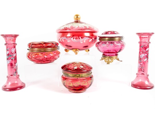 Beautifully Hand-Decorated Cranberry Glass