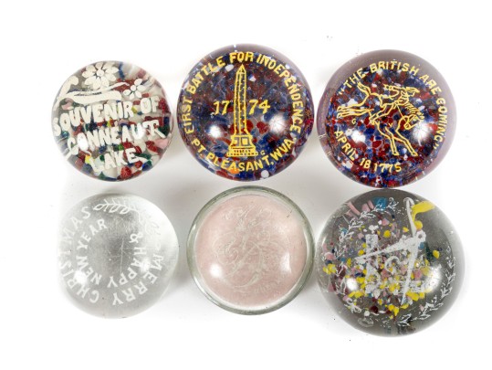 Six Commemorative / Souvenir Art Glass Paperweights  