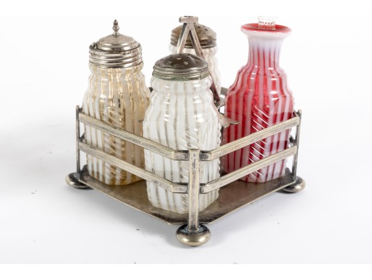 Clear, White, And Red Depression Glass Cruet Sets