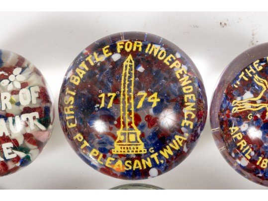 Six Commemorative / Souvenir Art Glass Paperweights  