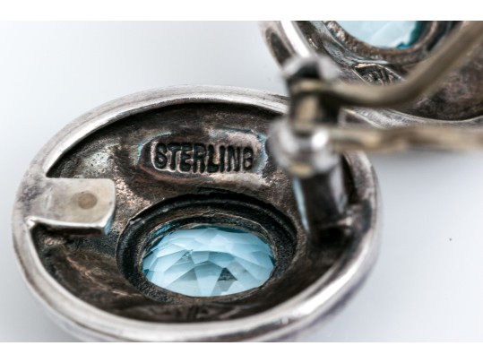 Sterling Silver Oval Blue Topaz Earrings, Bead And Pyramid Bezeled