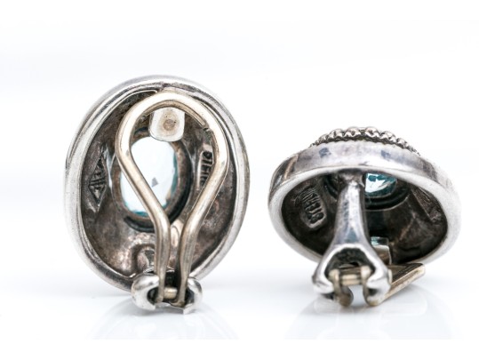 Sterling Silver Oval Blue Topaz Earrings, Bead And Pyramid Bezeled