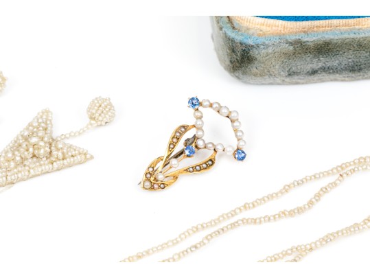 Lot Of Pretty Vintage Delicate Seed Pearl Jewelry Pieces, Including 18k Screwback Earrings