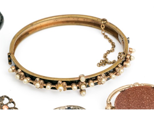 Lot Of Assorted Gold Filled Jewelry Pieces, Including Antique Bangle Bracelets