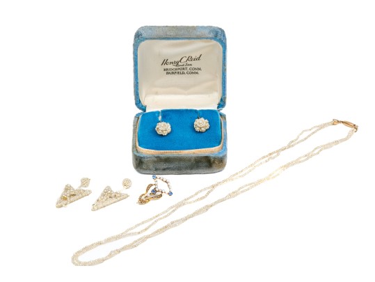 Lot Of Pretty Vintage Delicate Seed Pearl Jewelry Pieces, Including 18k Screwback Earrings