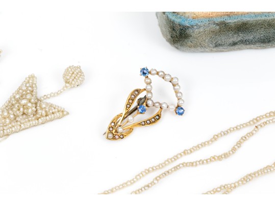 Lot Of Pretty Vintage Delicate Seed Pearl Jewelry Pieces, Including 18k Screwback Earrings