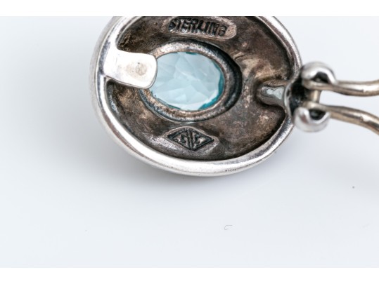 Sterling Silver Oval Blue Topaz Earrings, Bead And Pyramid Bezeled