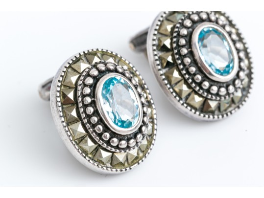 Sterling Silver Oval Blue Topaz Earrings, Bead And Pyramid Bezeled