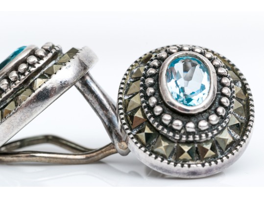 Sterling Silver Oval Blue Topaz Earrings, Bead And Pyramid Bezeled