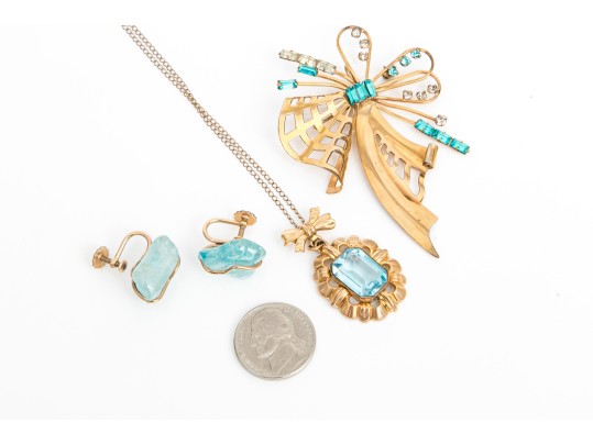 Lot Of Assorted Vintage Gold Filled Jewelry Pieces, Including Blue Fluorite Earrings