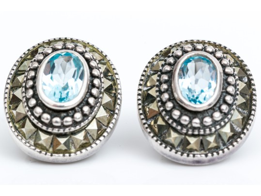 Sterling Silver Oval Blue Topaz Earrings, Bead And Pyramid Bezeled