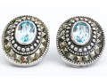 Sterling Silver Oval Blue Topaz Earrings, Bead And Pyramid Bezeled