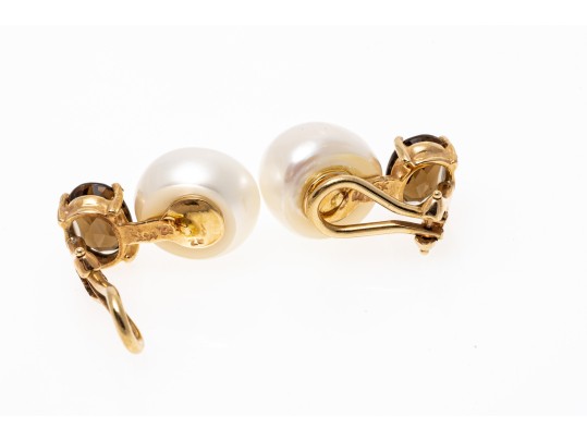 14K Smoky Quartz And Freshwater Pearl Clip Earrings