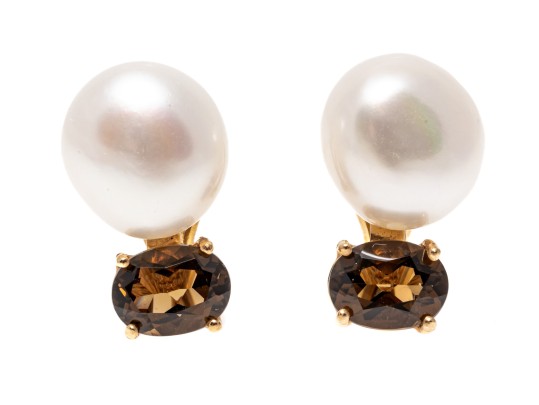 14K Smoky Quartz And Freshwater Pearl Clip Earrings