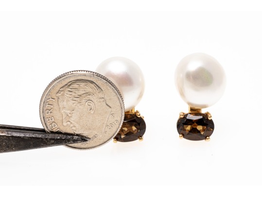 14K Smoky Quartz And Freshwater Pearl Clip Earrings