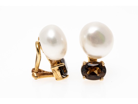 14K Smoky Quartz And Freshwater Pearl Clip Earrings