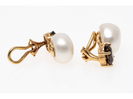 14K Smoky Quartz And Freshwater Pearl Clip Earrings