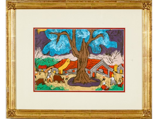 Mixed Media On Paper, Expressionist Figural Village Scene, Probably Vietnamese