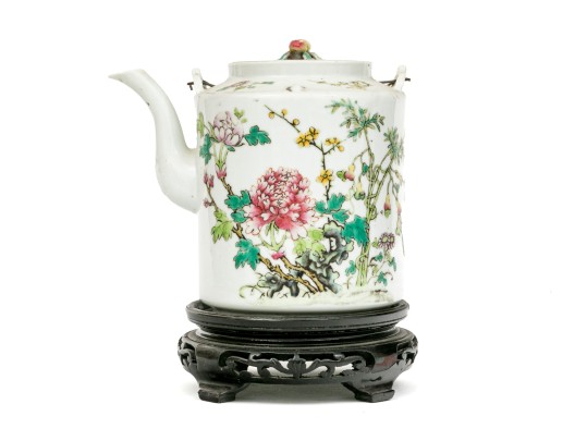 19th C. Chinese Famille Rose Porcelain Lidded Teapot On Wood Stand