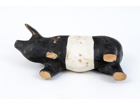 Adorable Folk Style Hand Carved And Painted Wooden Pig