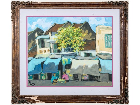 Pham Luan (Vietnamese, B. 1954) Gouache On Paper, Figural Urban Landscape, 1995