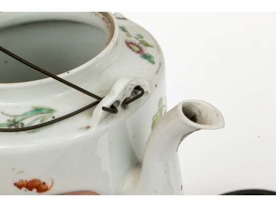 19th C. Chinese Famille Rose Porcelain Lidded Teapot On Wood Stand