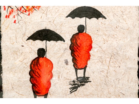 Set Of Two Oil On Mulberry Paper Paintings, Figures In Traditional Attire With Umbrellas