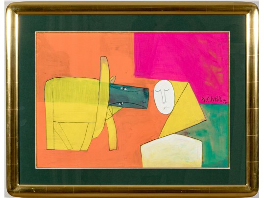 Thanh Chuong (Vietnam, B. 1948/9) Lacquer On Board, Abstract Man With Buffalo