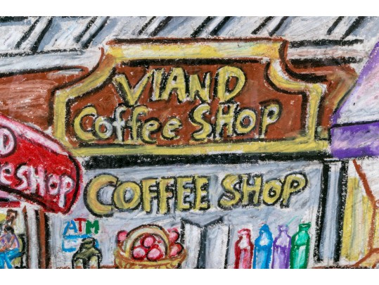 Peter Zonis (American, B. 1958) Oil Pastel On Paper, New York Figural Street Scene With Coffee Shop
