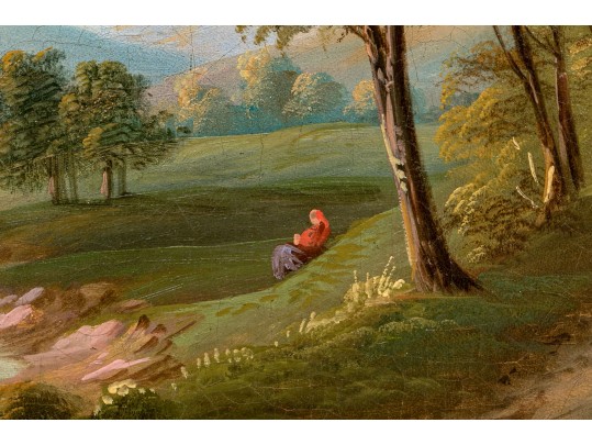 Signed Oil On Board, Figural Landscape Scene 
