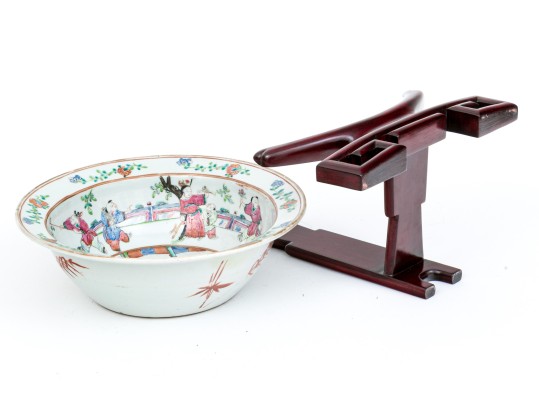19th C. Chinese Famille Rose Porcelain Wash Bowl, With Wood Stand