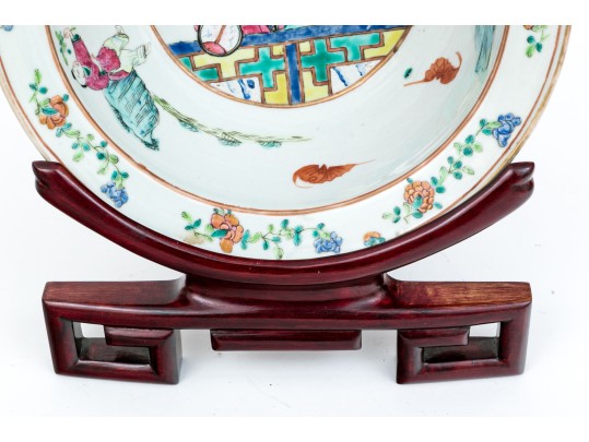 19th C. Chinese Famille Rose Porcelain Wash Bowl, With Wood Stand