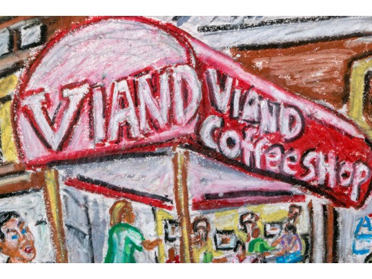 Peter Zonis (American, B. 1958) Oil Pastel On Paper, New York Figural Street Scene With Coffee Shop