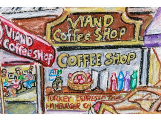 Peter Zonis (American, B. 1958) Oil Pastel On Paper, New York Figural Street Scene With Coffee Shop