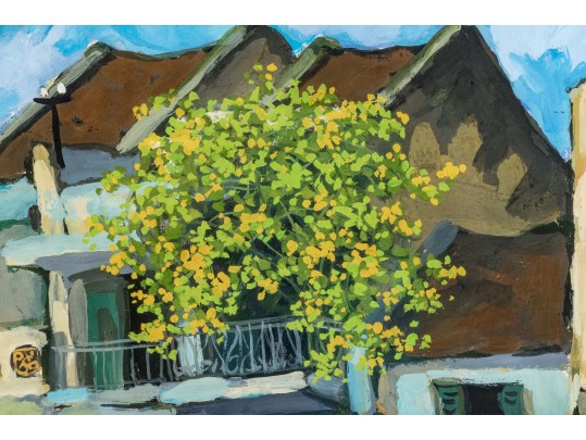 Pham Luan (Vietnamese, B. 1954) Gouache On Paper, Figural Urban Landscape, 1995