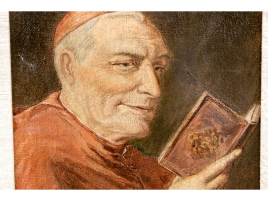 L. Frederic Signed Oil On Canvas, Religious Cardinal Reading