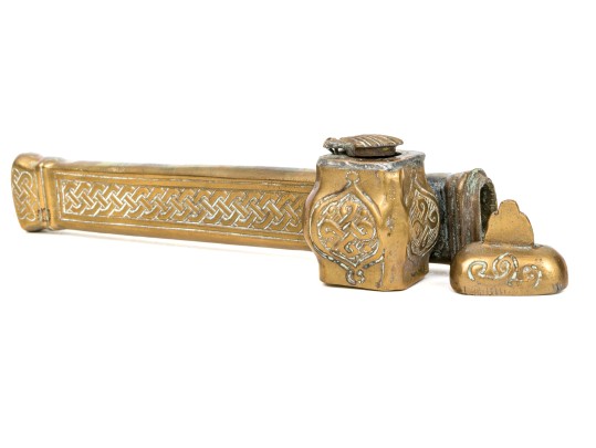Antique Middle Eastern Brass Inkwell Qalamdan