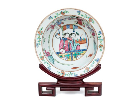 19th C. Chinese Famille Rose Porcelain Wash Bowl, With Wood Stand