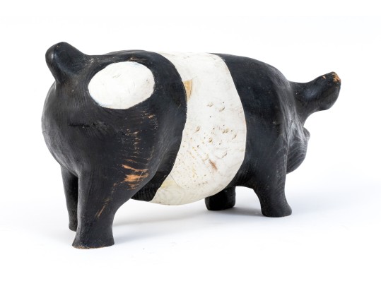 Adorable Folk Style Hand Carved And Painted Wooden Pig