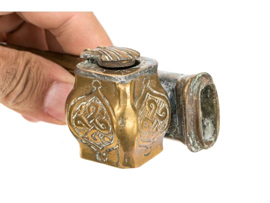 Antique Middle Eastern Brass Inkwell Qalamdan