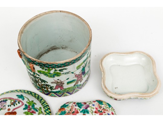 Two Vintage Chinese Enameled Porcelain Lidded Vessels