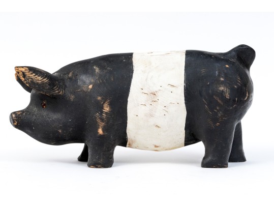 Adorable Folk Style Hand Carved And Painted Wooden Pig