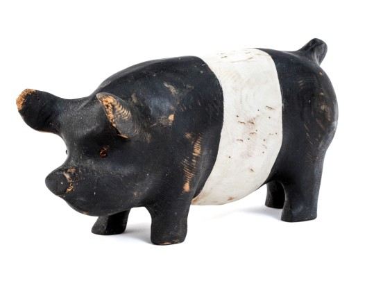 Adorable Folk Style Hand Carved And Painted Wooden Pig