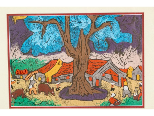 Mixed Media On Paper, Expressionist Figural Village Scene, Probably Vietnamese