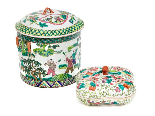Two Vintage Chinese Enameled Porcelain Lidded Vessels
